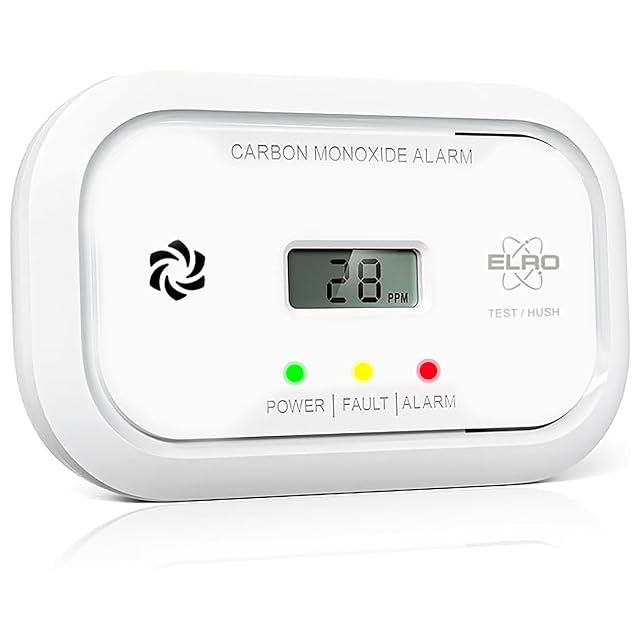 Weißer ELRO FC5003 Kohlenmonoxidmelder mit einem rechteckigen LC-Display und einer Prüftaste