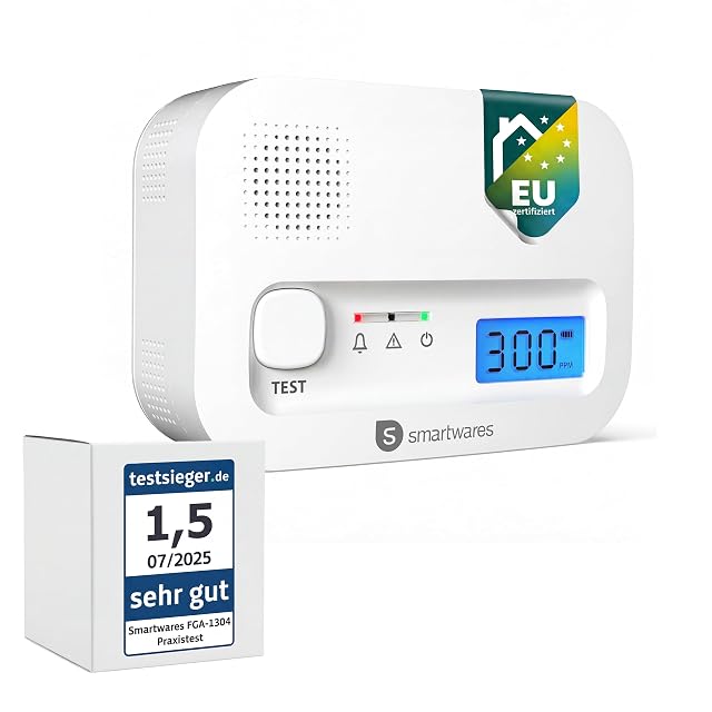 Weißer Smartwares Kohlenmonoxidmelder mit einer digitalen Anzeige und einer mittigen Prüftaste