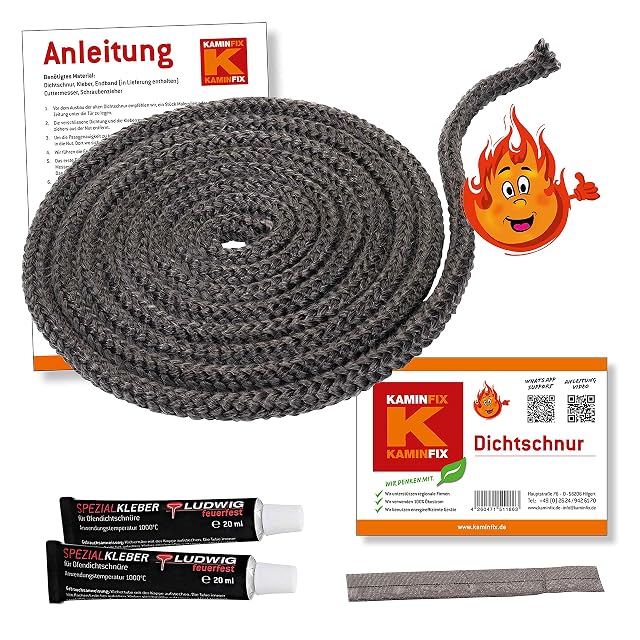 Ein Ofentür-Reparaturset mit einer 2,5 Meter langen Glasgewebekordel, zwei 20-ml-Tuben Kleber und einem Endband
