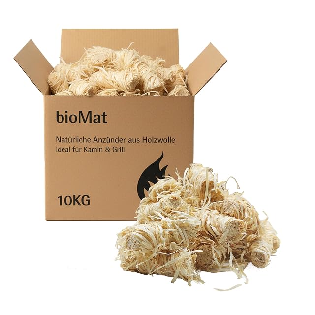 Eine 10-kg-Packung handgefertigter FSC-Holzwolleanzünder von etwa 55 Millimetern Länge, in Wachs getränkt