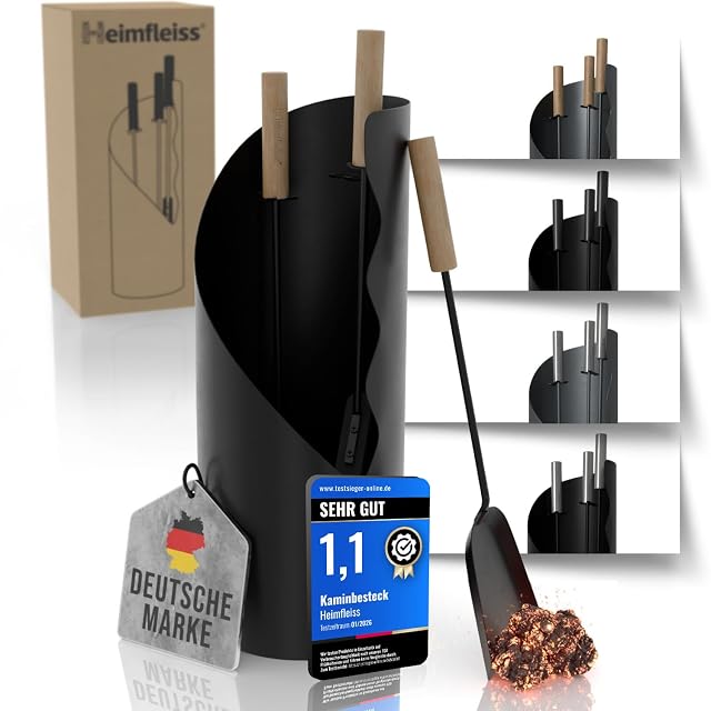 Ein schwarzes Kaminbesteck mit Holzgriffen auf einem selbstklebenden Silikonsockel