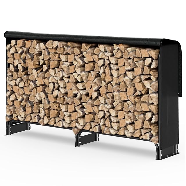 Ein schwarzes pulverbeschichtetes Holzregal für draußen von zwei Metern Länge mit wasserdichter Schutzhülle
