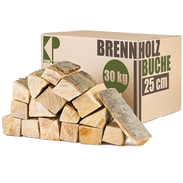 Ein 30-kg-Karton kammergetrocknetes Buchen-Brennholz in einheitlichen Scheiten von 25 cm