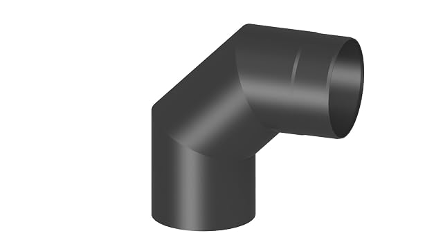 Ein schwarzer starrer Ofenrohrbogen von 90 Grad mit 150 Millimetern in zwei Millimeter Stahl