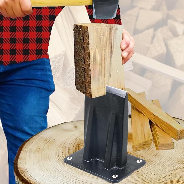 Schwarz pulverbeschichteter gusseiserner Spaltkeil, auf einen Holzklotz geschraubt, mit aufgesetzter Schutzkappe