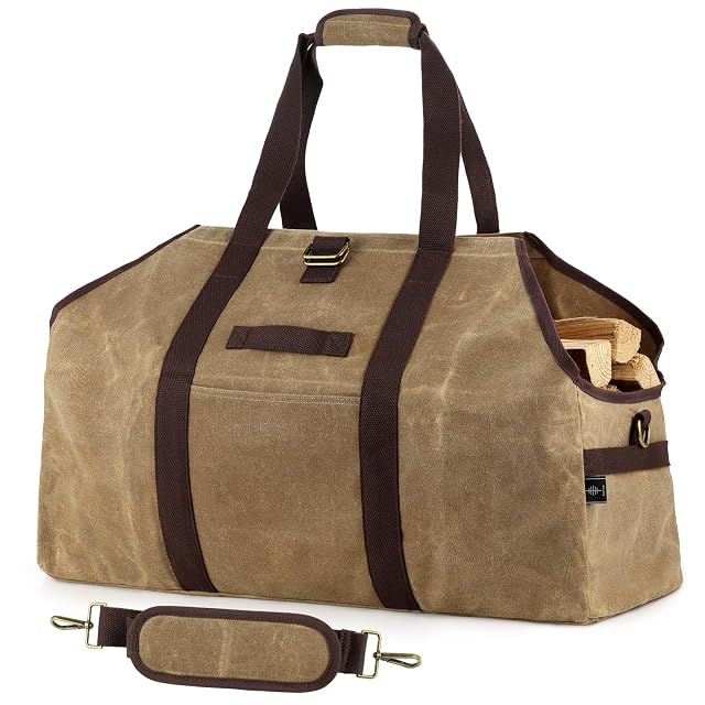 Eine khakifarbene Holztasche aus gewachster Baumwolle, die von selbst aufrecht steht, mit zwei verstärkten Griffen