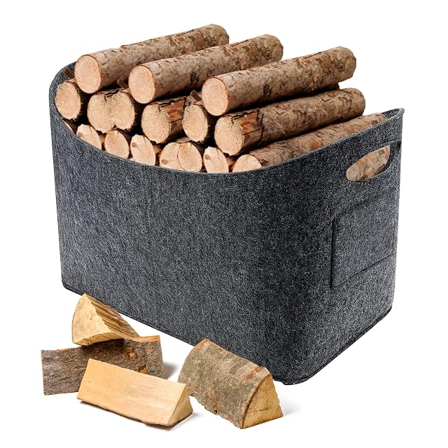 Eine extra große graue Filz-Holztasche von 63 Litern mit zwei Griffen und einer Seitentasche
