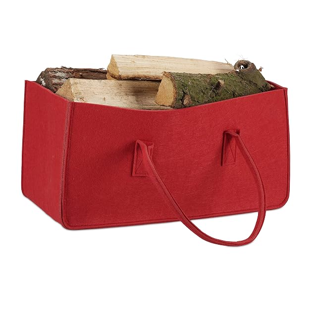 Eine rote Filz-Holztasche mit 25 mal 25 mal 50 Zentimetern und festem Tragegriff