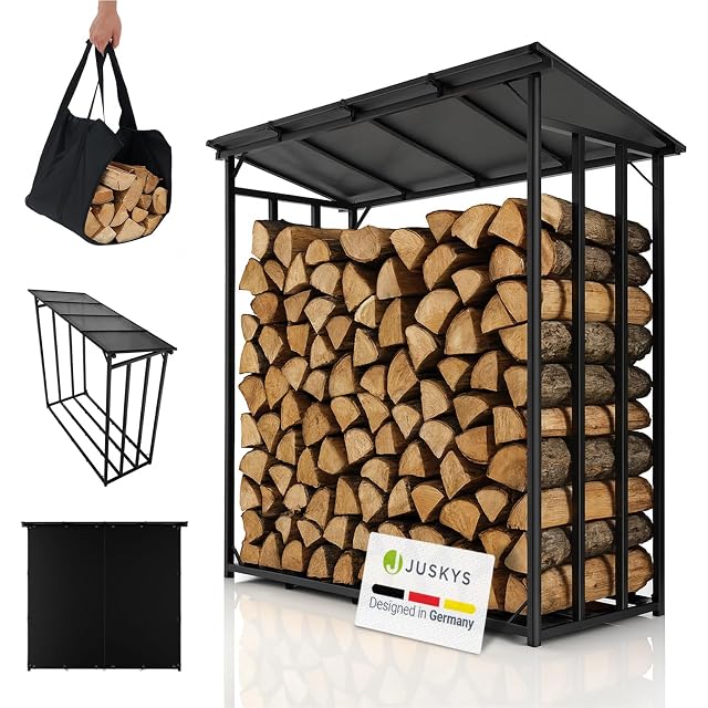 Ein Holzregal für draußen aus Aluminium mit wasserabweisender Planendachung für 2,4 Kubikmeter Brennholz