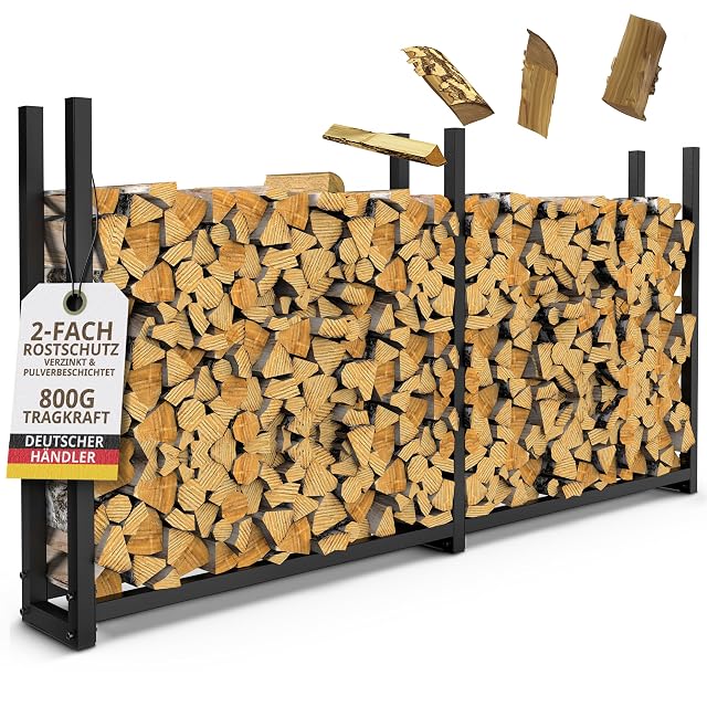 Ein langes Metall-Holzregal für draußen von 223 Zentimetern in verzinktem und pulverbeschichtetem Stahl