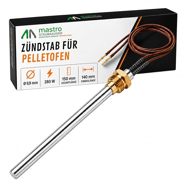 Ein Zünderstab für Pelletöfen von 9,9 Millimetern Durchmesser mit Messinggewinde G 3/8 Zoll und Silikonkabel
