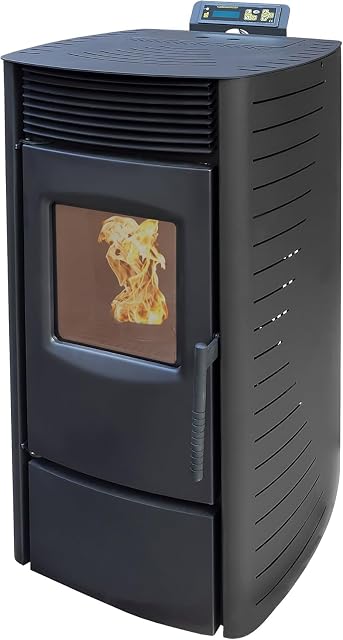 Schwarzer Nemaxx P9 Pelletofen mit einem Multifunktionsdisplay über einem hohen Sichtfenster