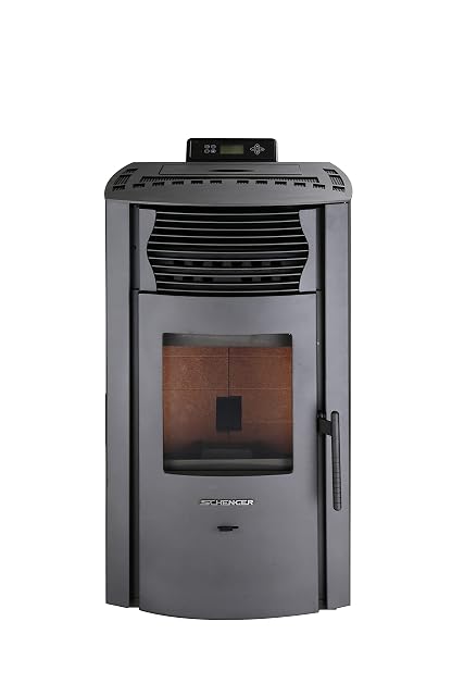 Schwarzer Schenger HP51 Pelletofen mit einem Bedienfeld über einem rechteckigen Sichtfenster