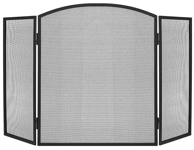 Ein schwarzes dreiteiliges Funkenschutzgitter mit Edelstahlgeflecht, 118 Zentimeter lang und 76,5 hoch