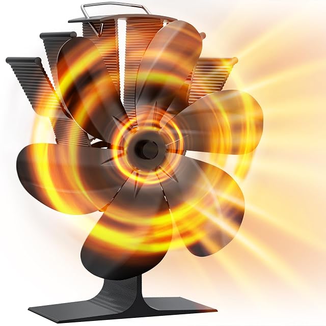 Schwarzer DZKKIUR Ofenventilator mit sechs Aluminiumflügeln auf einer Ofenplatte
