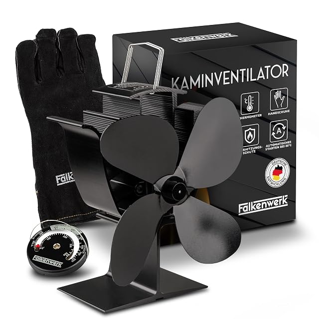 Schwarzer Falkenwerk Ofenventilator, geliefert mit einem runden magnetischen Ofenthermometer und einem hitzebeständigen Handschuh