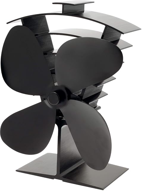 Kompakter schwarzer Valiant Premium 4 Ofenventilator mit vier Flügeln auf einem niedrigen Aluminiumkörper