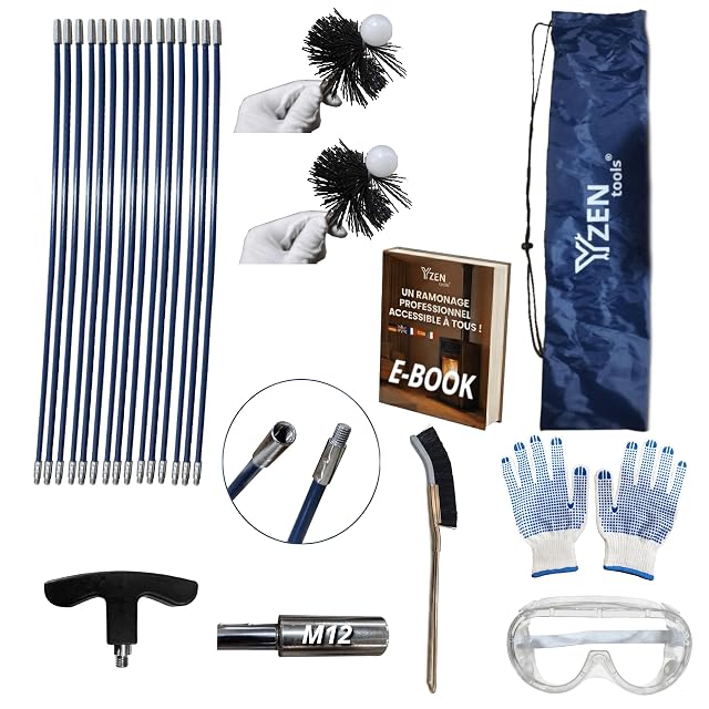 Ein Pelletofen-Reinigungsset mit neun Metern biegsamer Stangen, Nylonbürsten, Handschuhen, Brille und Tasche