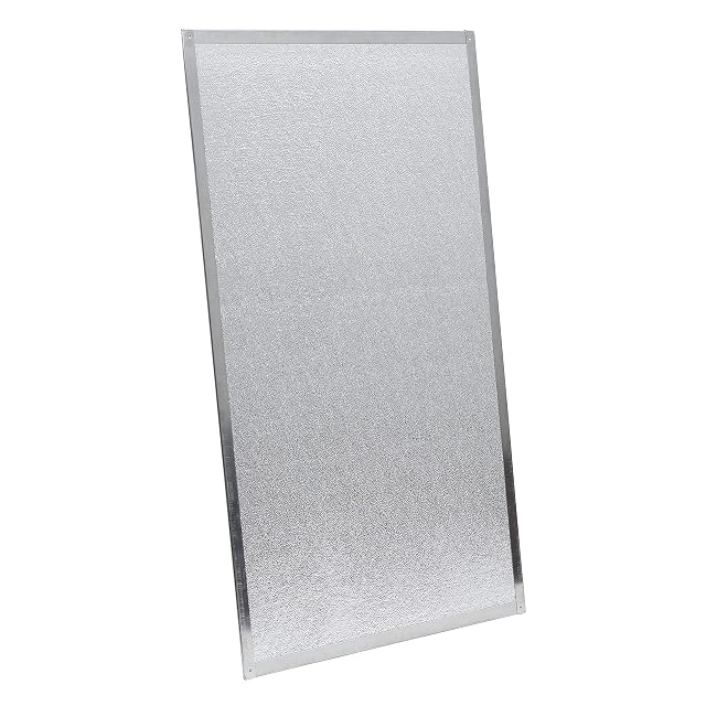 Eine silberne aluminiumkaschierte Hitzeschutzplatte in einem Edelstahlrahmen, 800 mal 500 Millimeter