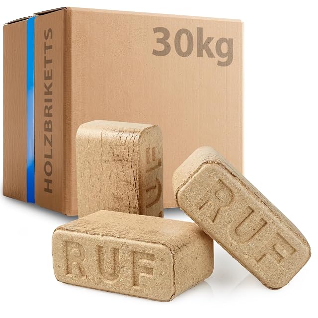 Eine plastikfreie Packung von 30 kg Hartholzbriketts in RUF-Form aus Buchen- und Eichenspänen