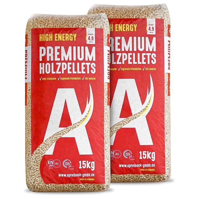 Zwei Säcke zu 15 kg bayerischer Premium-Holzpellets, zertifiziert nach ENplus A1 und DINplus