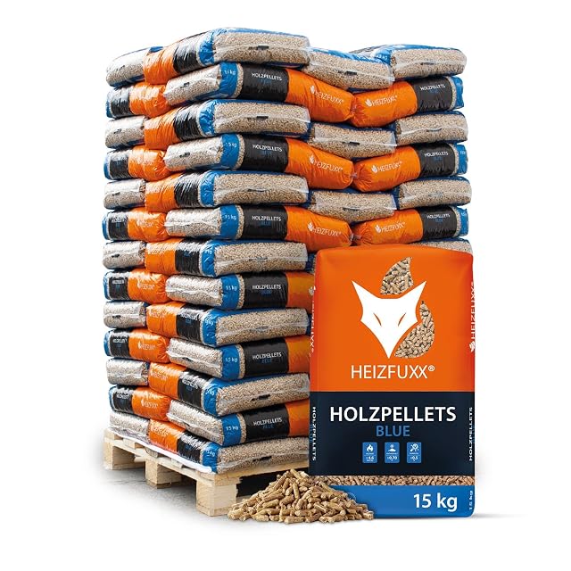 Eine Palette von 975 kg mit fünfundsechzig Säcken zu 15 kg HEIZFUXX Blue ENplus A1 Weichholzpellets