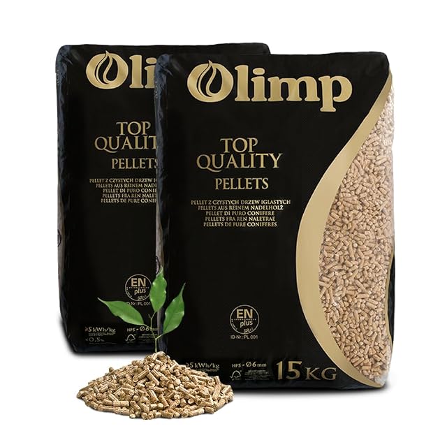 Zwei Säcke zu 15 kg Olimp Premium-Holzpellets von 6 mm in wetterfester Verpackung