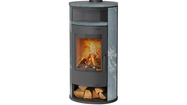 Grauer ovaler Thermia Olympus V3 Holzofen mit Natursteinverkleidung